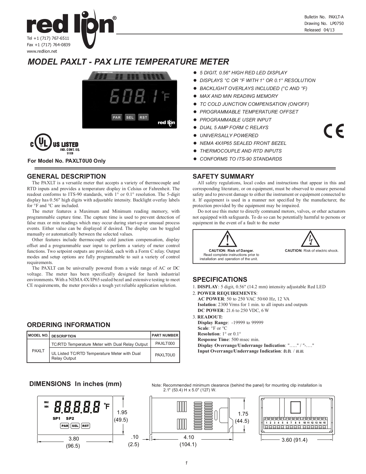 Red Lion PAXLT User Manual