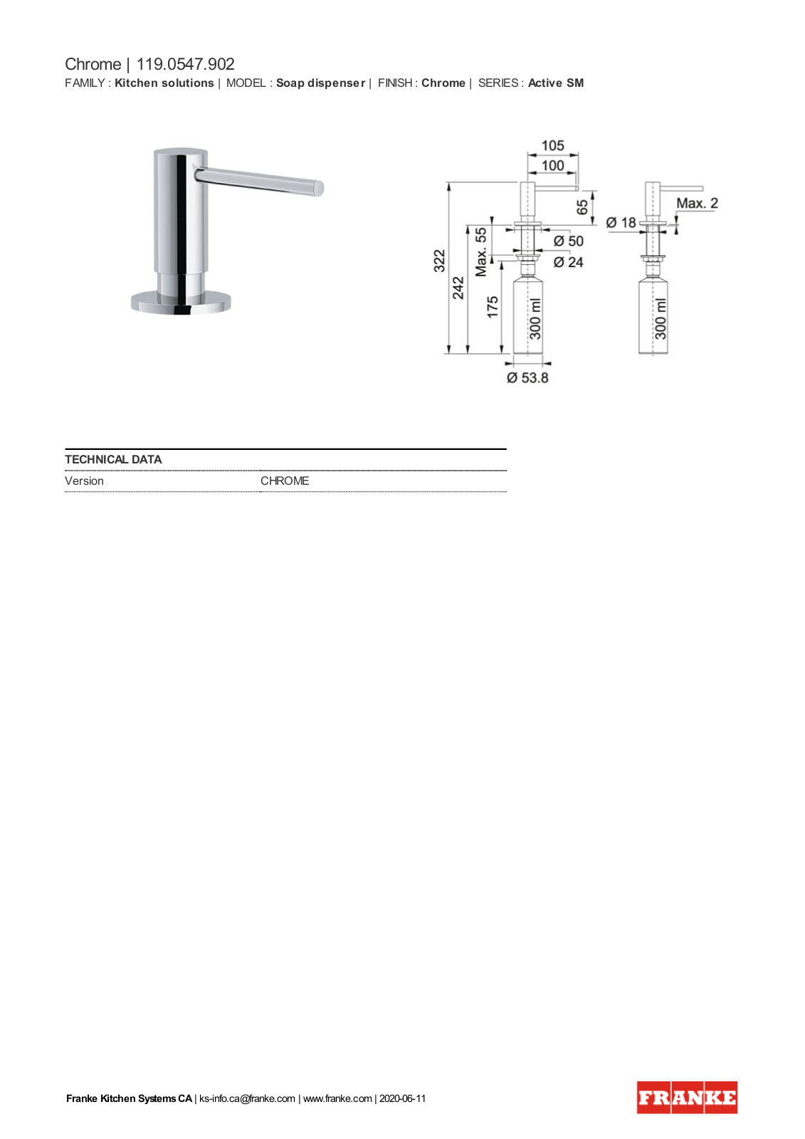 Franke SD3200 Specification Sheet