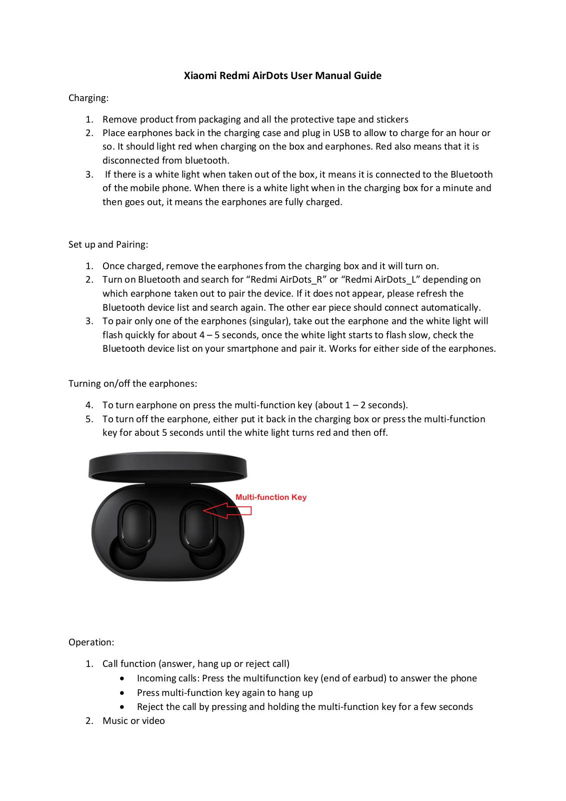 Xiaomi AirDots TWS Earbuds User Manual