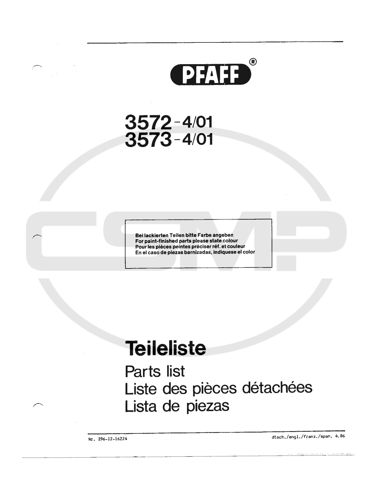 Pfaff 3572 Parts Book