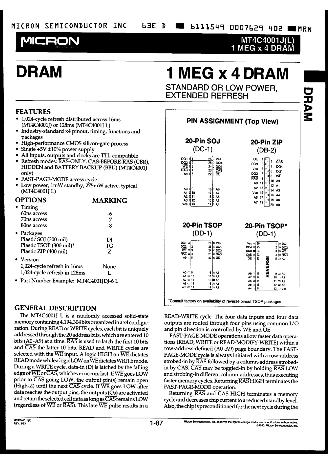 MICRON MT4C4001JZ-8L, MT4C4001JZ-7L, MT4C4001JTG-8L, MT4C4001JZ-6L, MT4C4001JTG-7L Datasheet