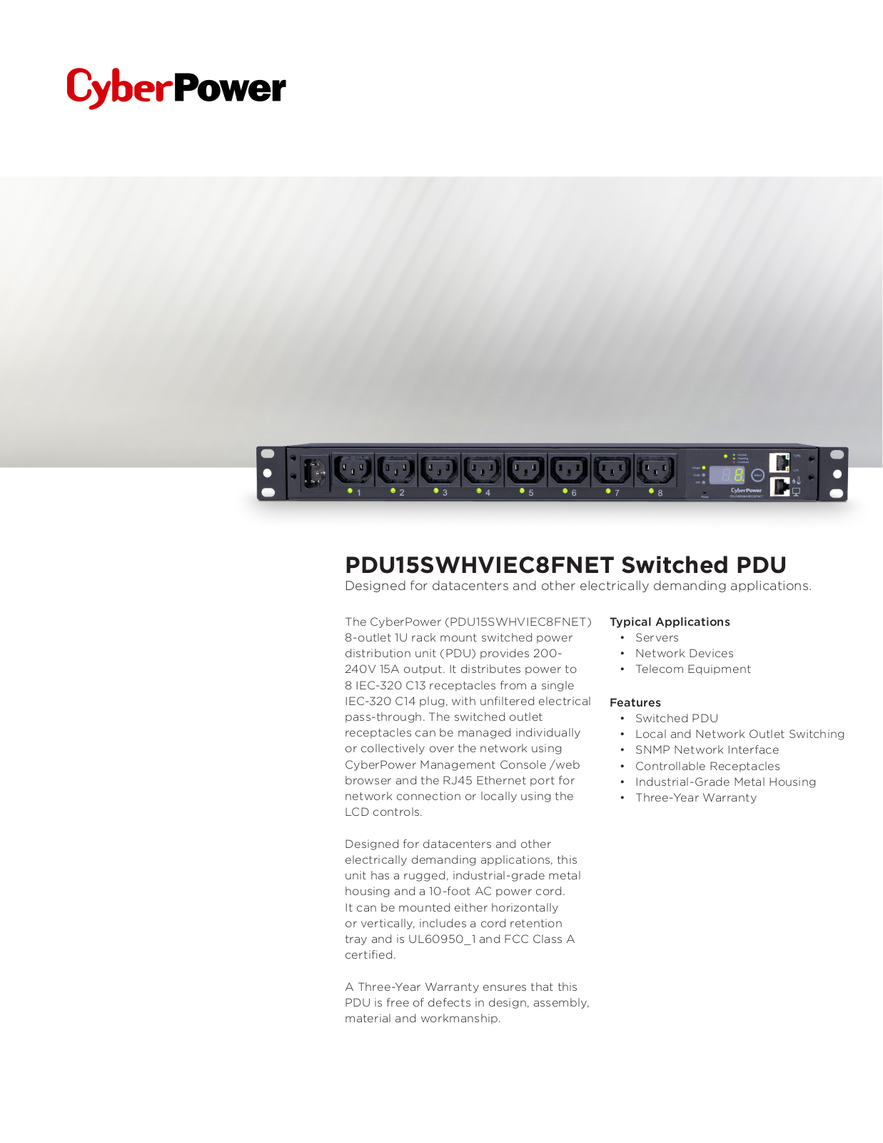 CyberPower PDU15SWHVIEC8FNET Technical data