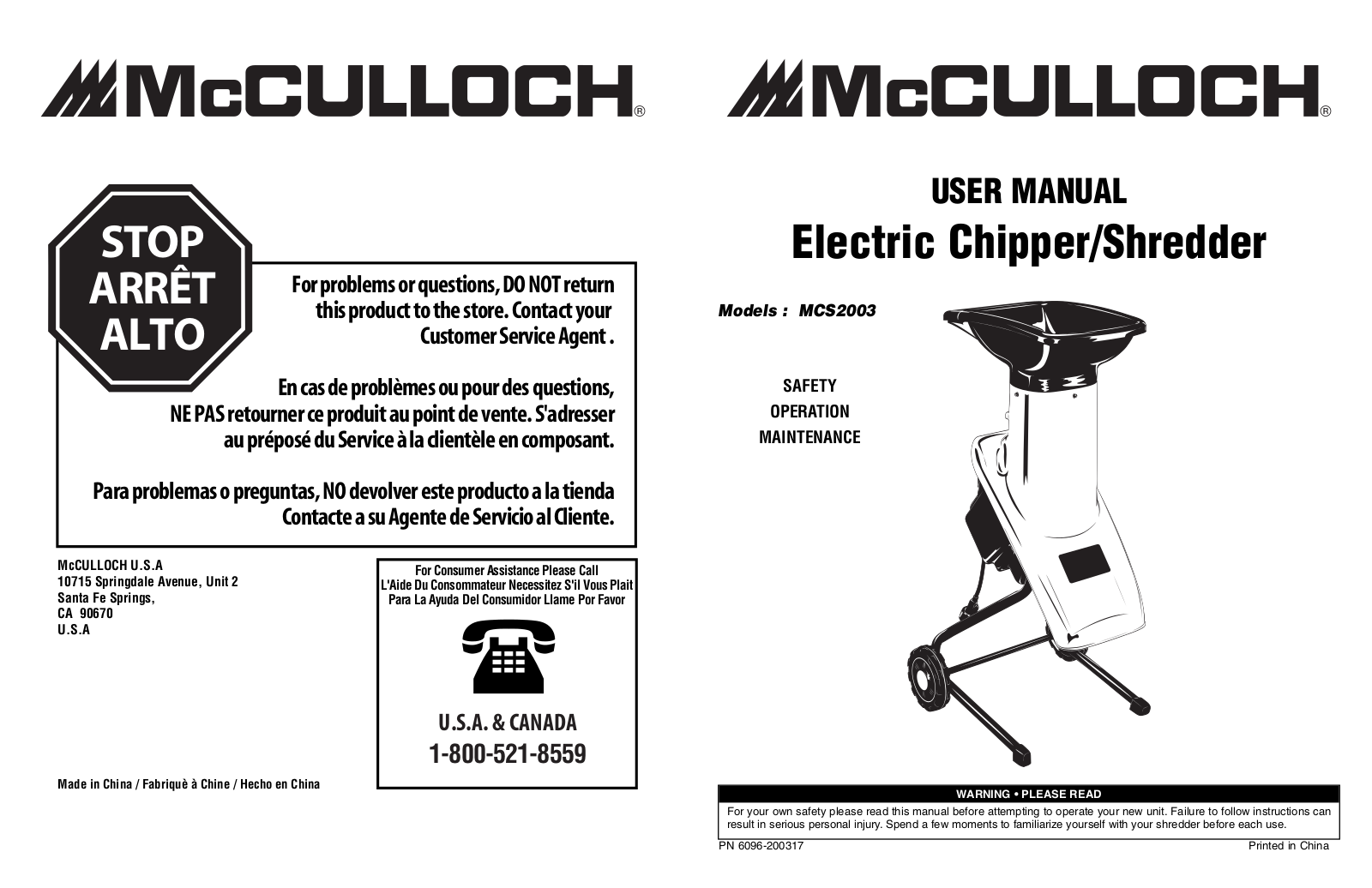 McCulloch MCS2003, 6096-200317, 966994701 User Manual