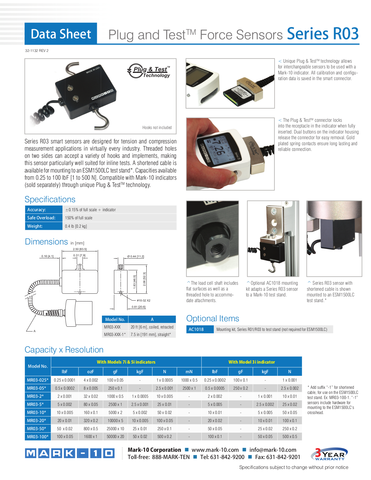 Mark-10 MR03-025, MR03-05, MR03-2, MR03-5, MR03-10 Data Sheet