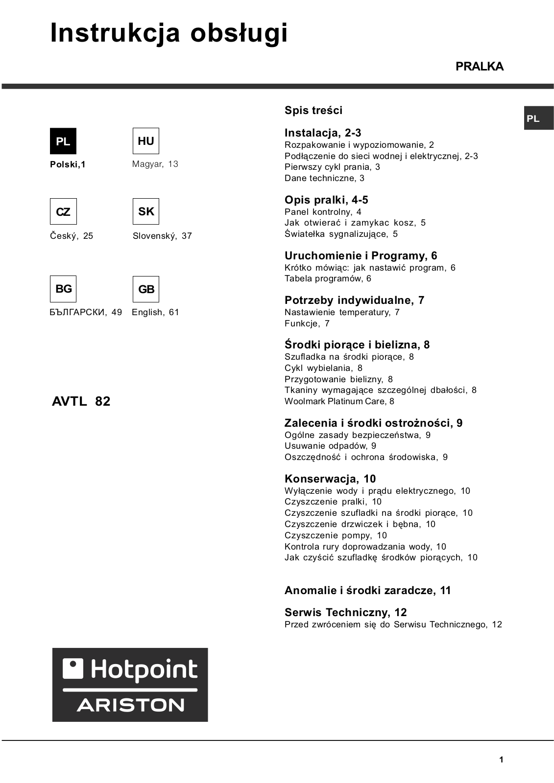 Hotpoint AVTL 82 User Manual