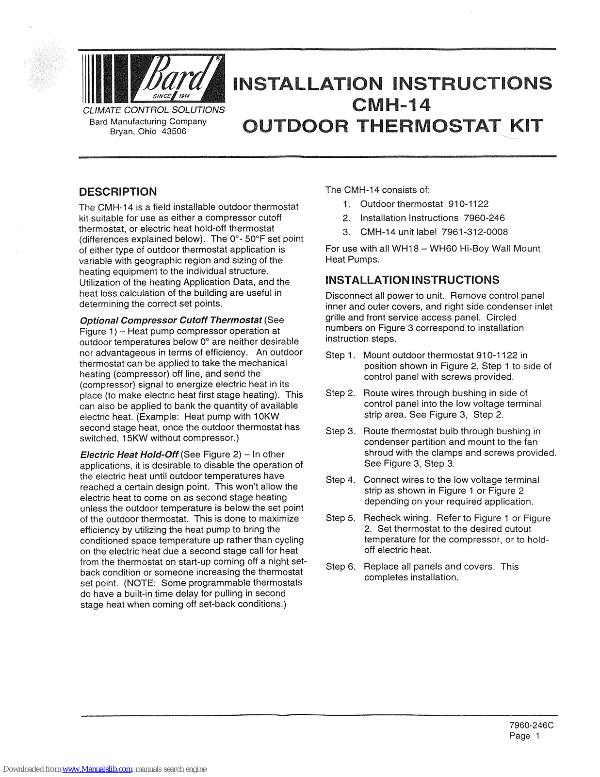 Bard CMH-14 Installation Instructions Manual