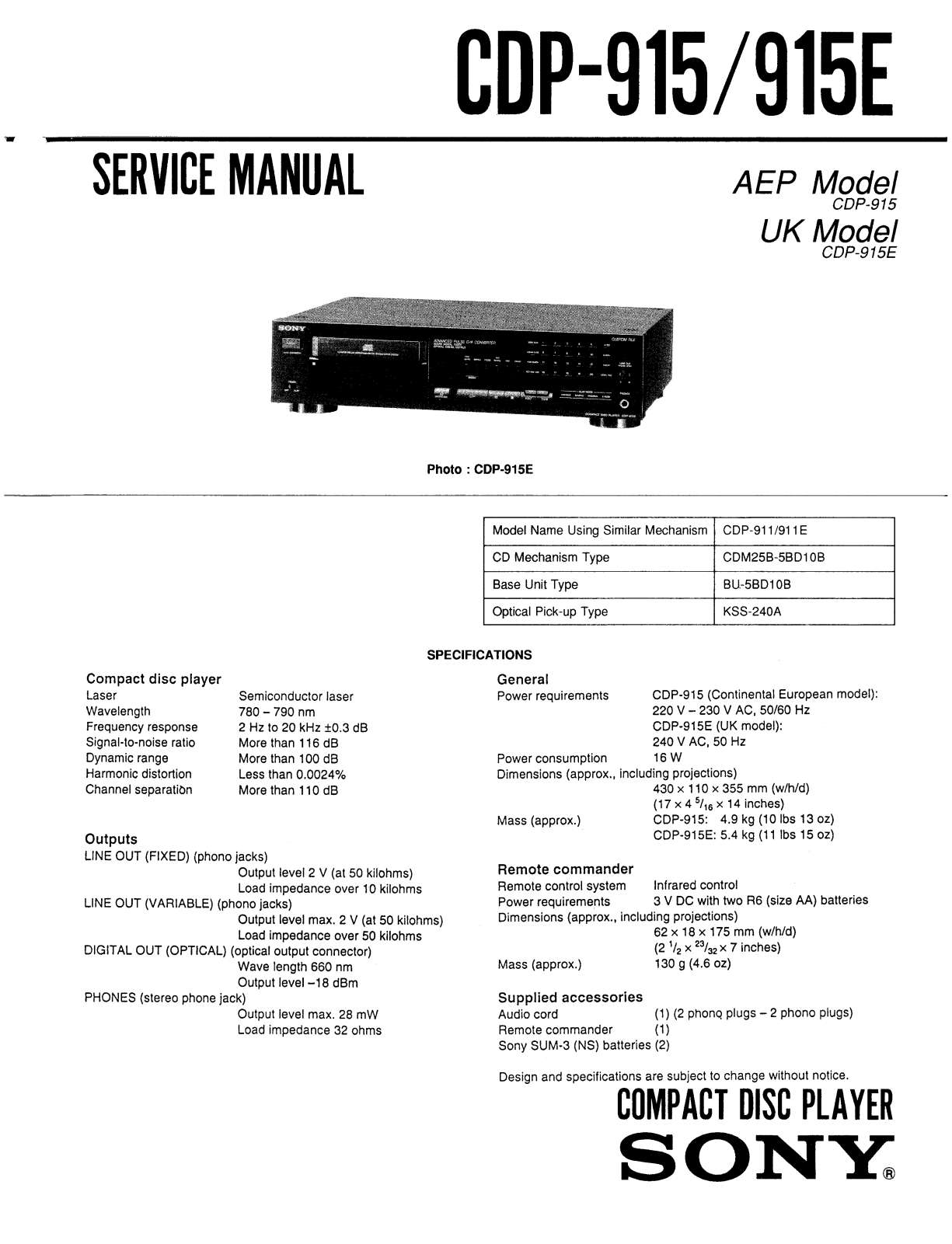 SONY CDP-915-E Service Manual