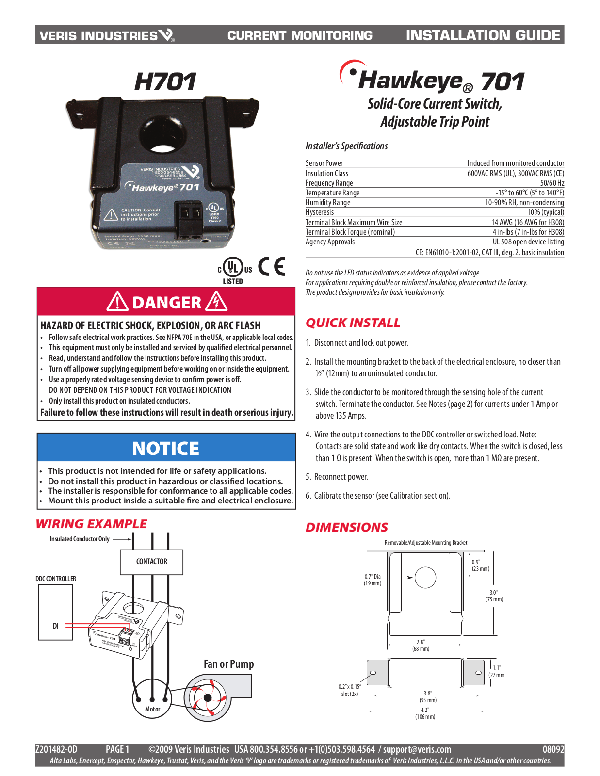 Veris H701 Installation Instructions