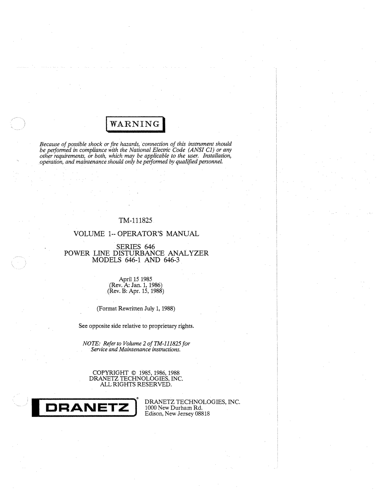 Dranetz 646-1, 646-3 User Manual