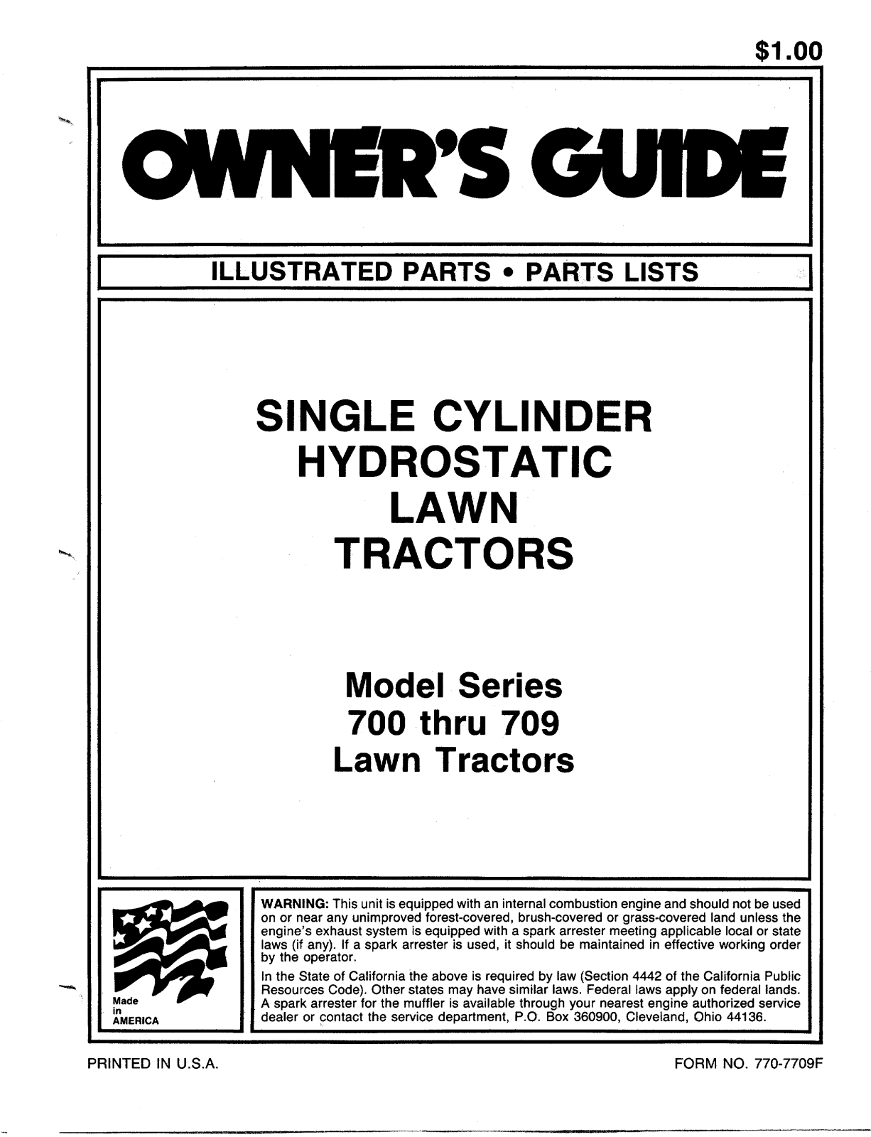 yard machines 700 THRU 709 PARTS LIST