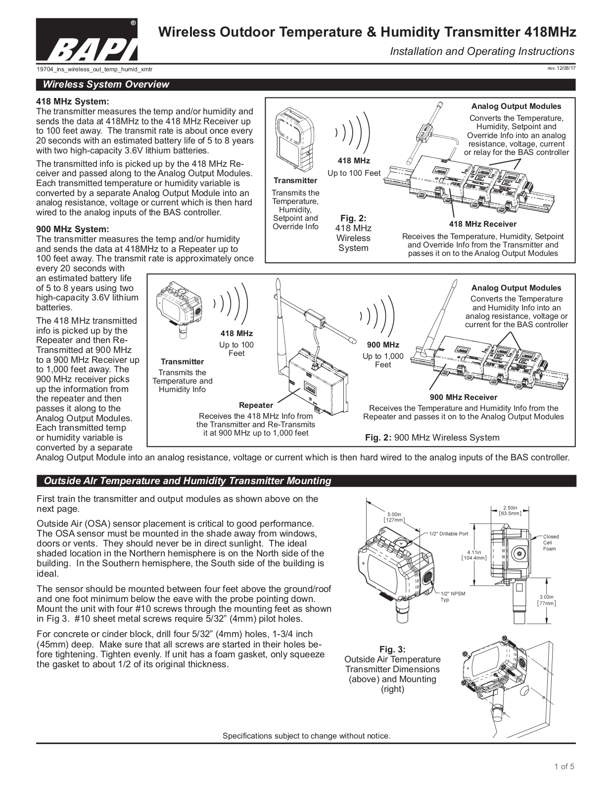 BAPI Wireless Outdoor Temperature & Humidity Transmitter 418MHz Catalog Page