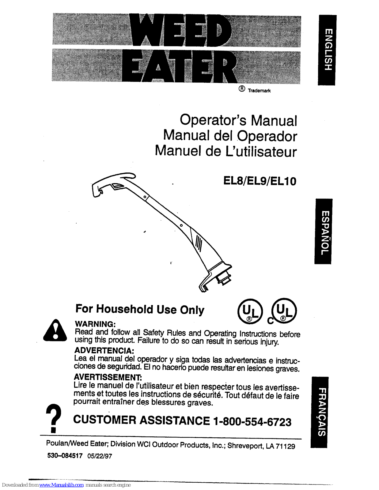 Weed Eater EL10, EL8, EL9 Operator's Manual