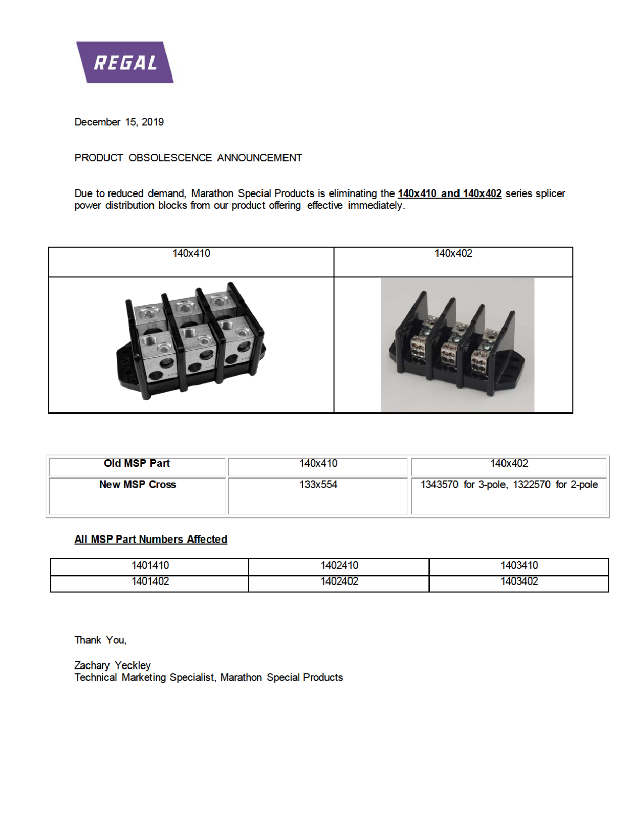 Marathon Special Products 140X402, 140X410 Product End of Life Notice