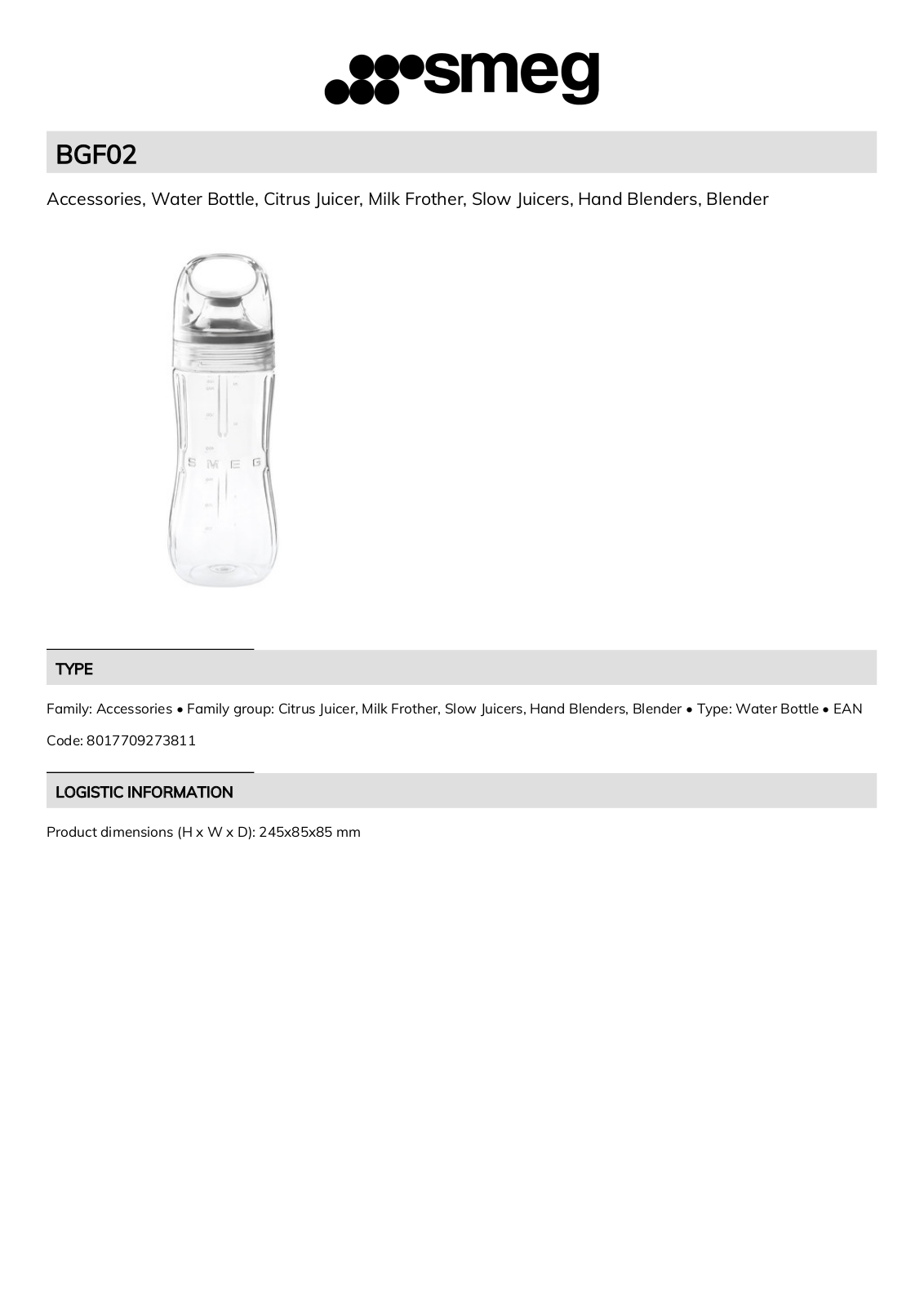 Smeg BGF02 Technical sheet