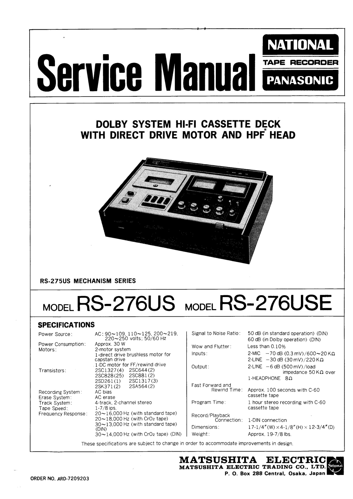 Panasonic RS-276-USE, RS-276-US Service manual