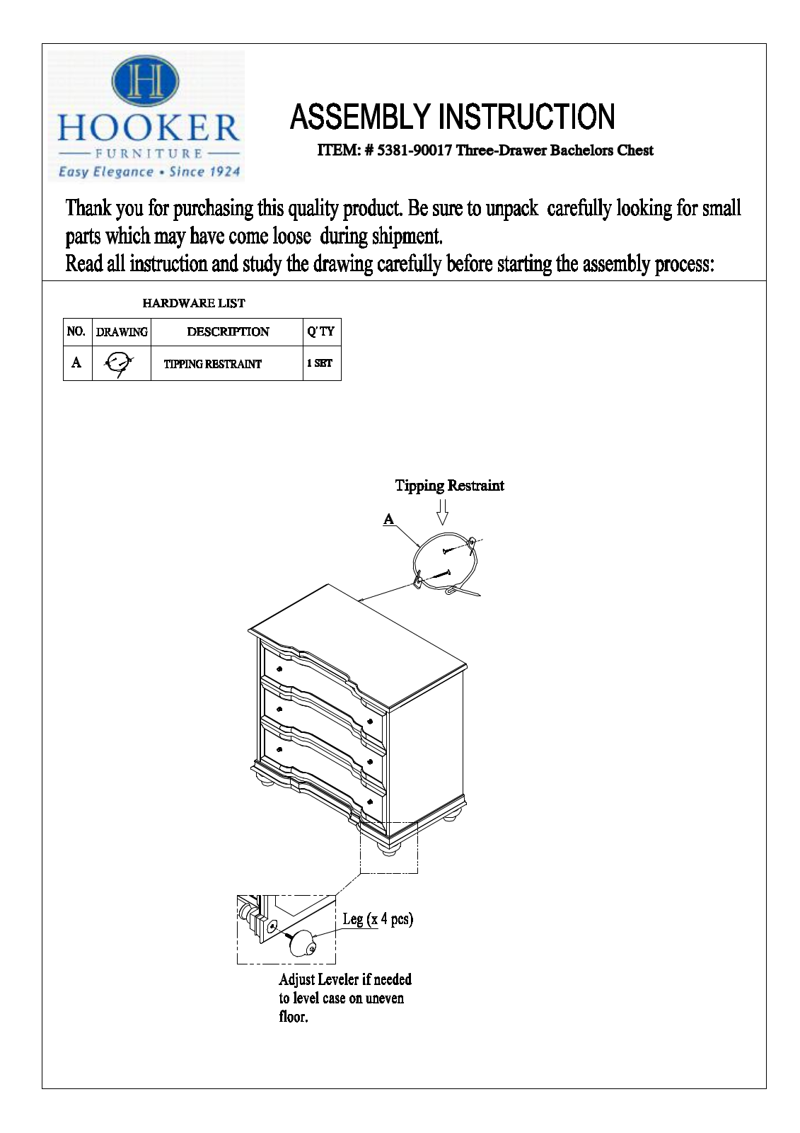 Hooker Furniture 538190017 Assembly Guide