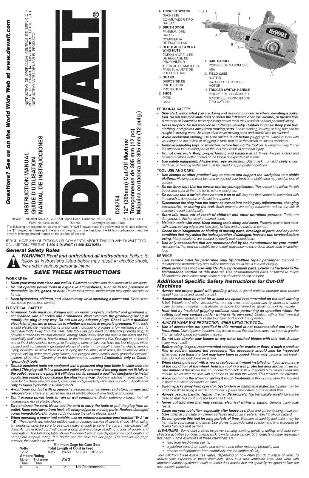 DeWalt D28754 TYPE 2, D28754 TYPE 1 Owner’s Manual