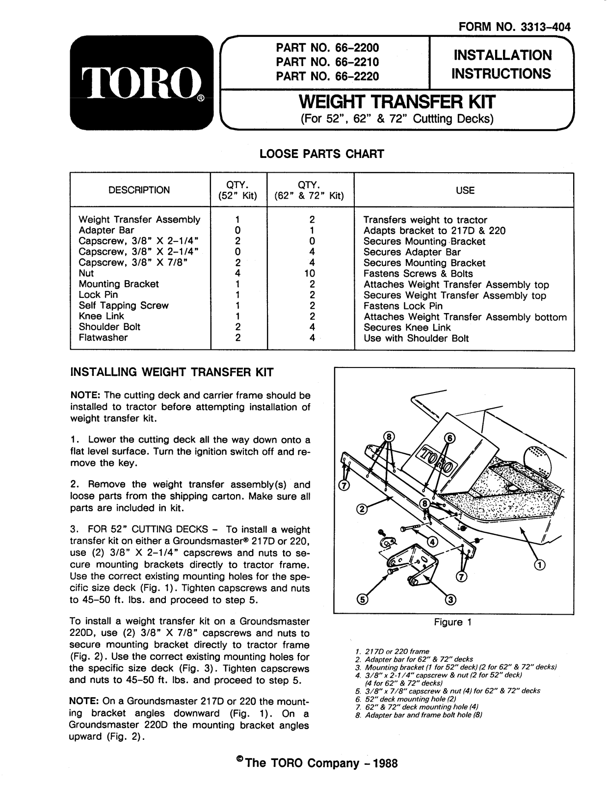 Toro 66-2200, 66-2220, 66-2210 Installation Instructions