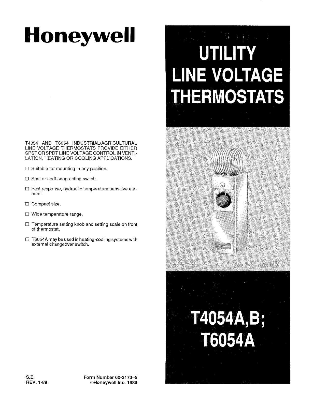 Honeywell T6054A, T4054B, T4054A Product Information Sheet