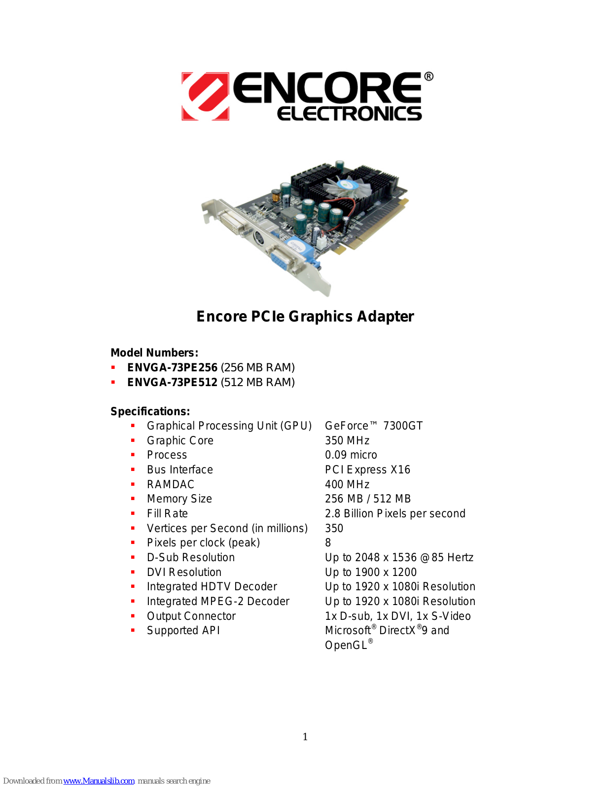 Encore ENVGA-73PE256ENVGA, ENVGA-73PE256 Specifications