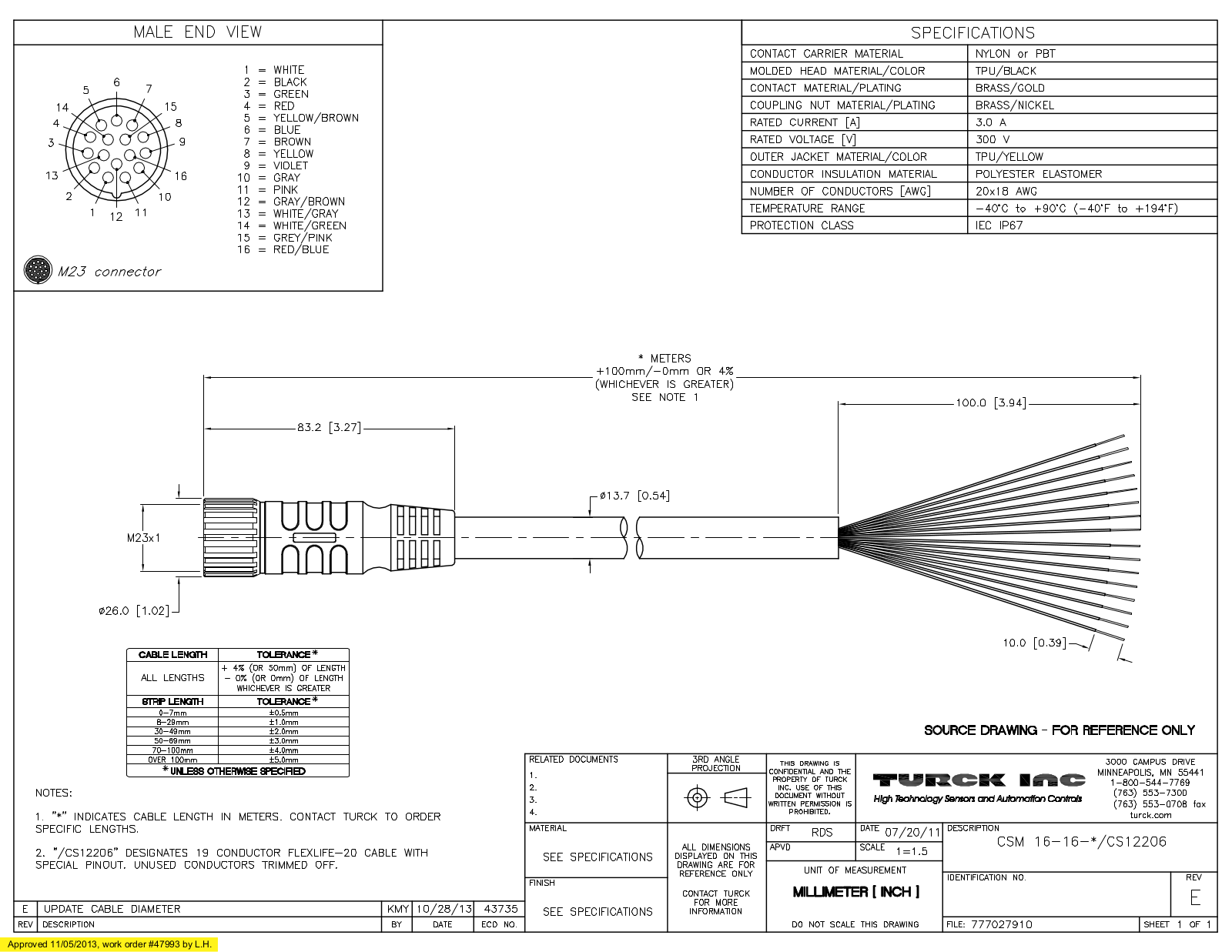 Turck CSM16-16-15/CS12206 Specification Sheet