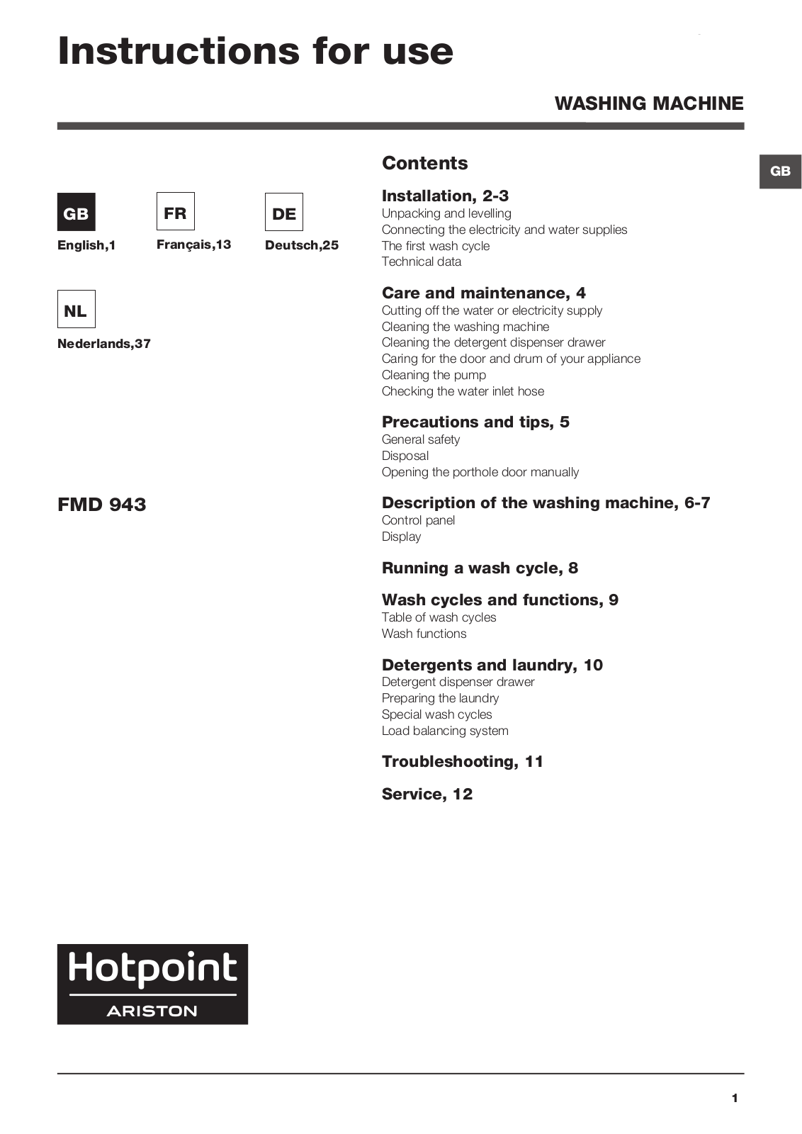 HOTPOINT/ARISTON FMD 943BX EU User Manual