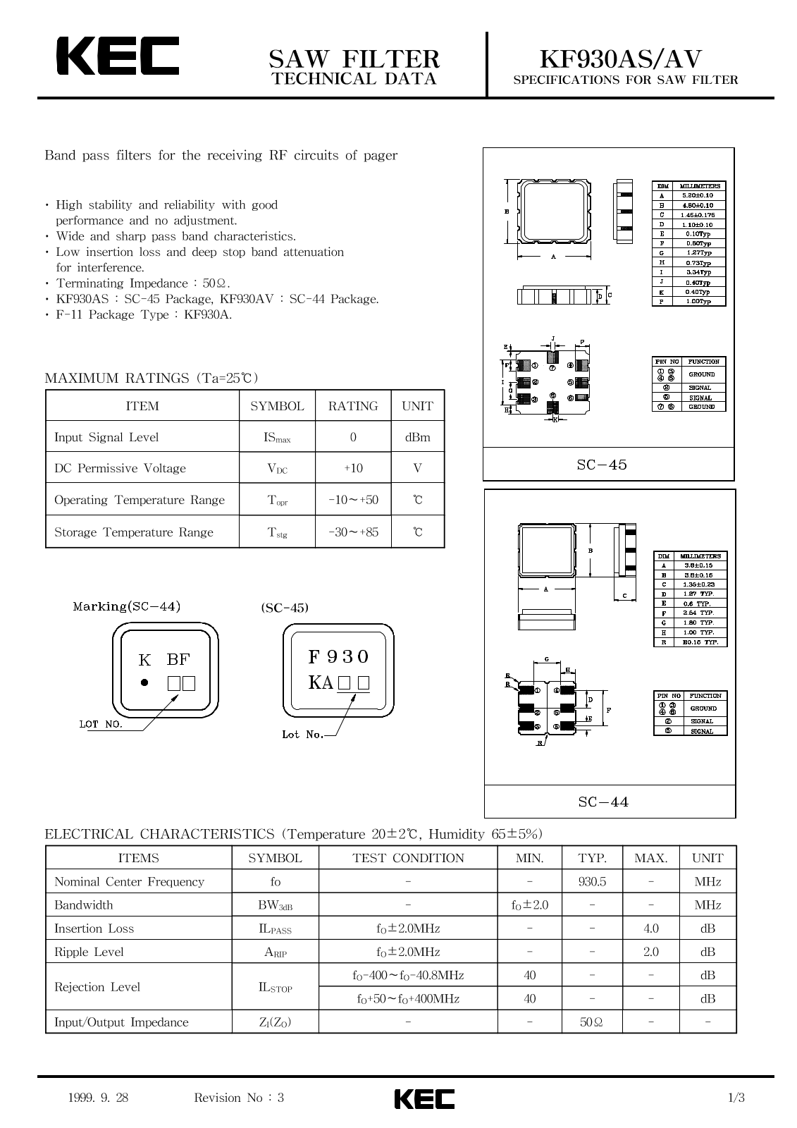 KEC KF930AV, KF930AS Datasheet