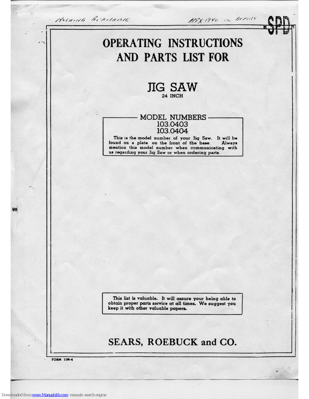 Sears 103.0403,103.0404 Operating Instructions And Parts List Manual