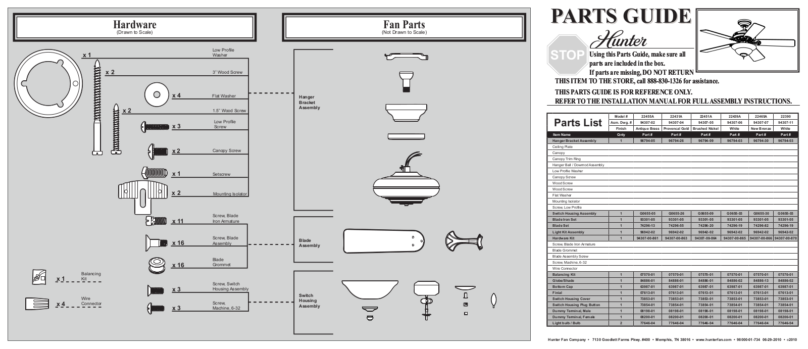 Hunter 22465 Parts Guide