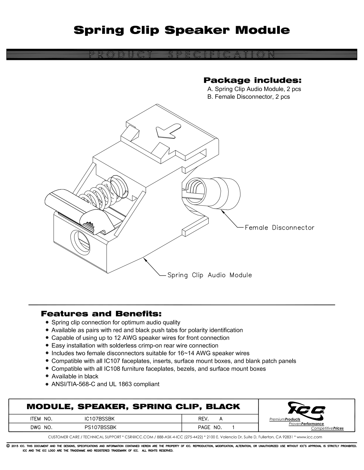 ICC IC107BSSBK Specsheet