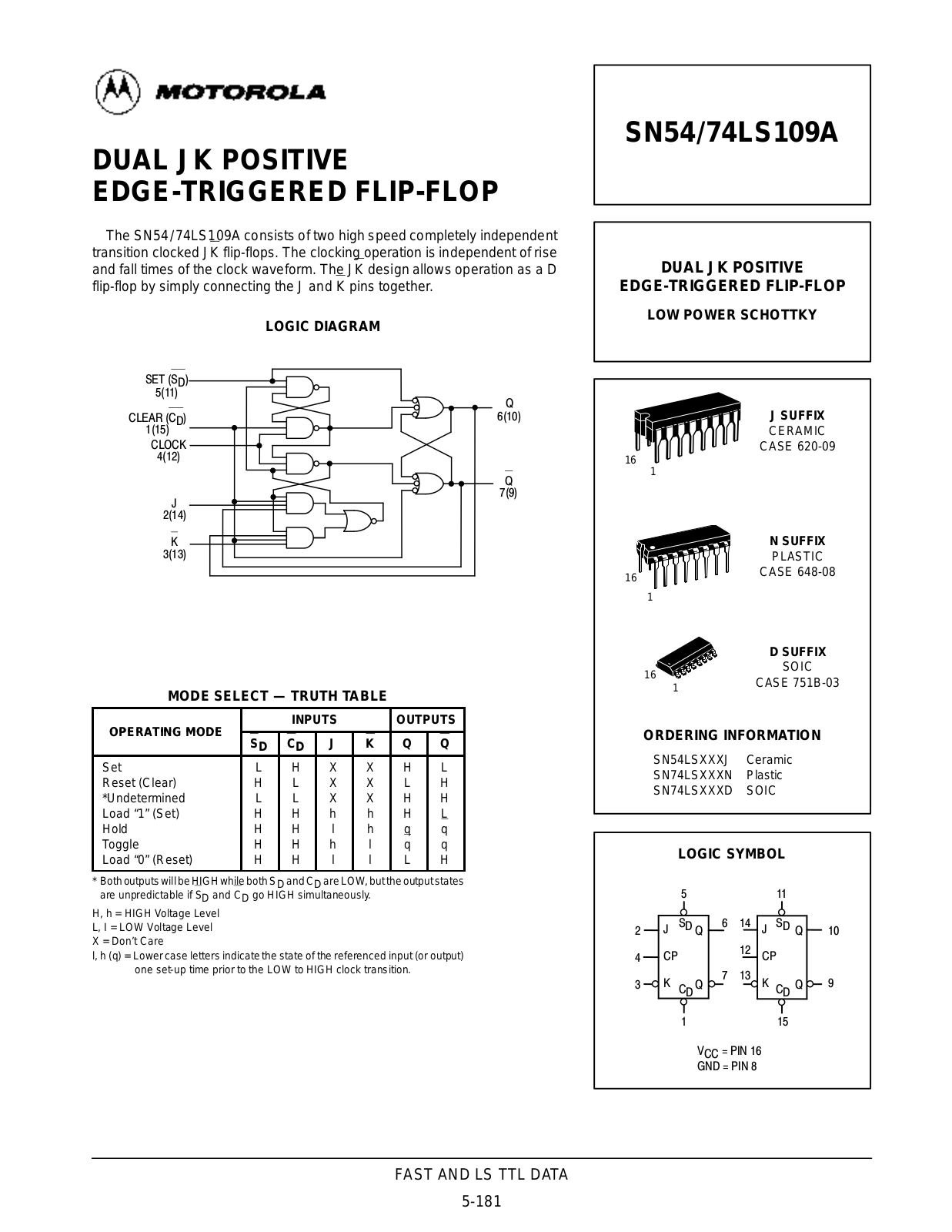 Motorola SN54LS109AJ, SN74LS109AD, SN74LS109AN Datasheet