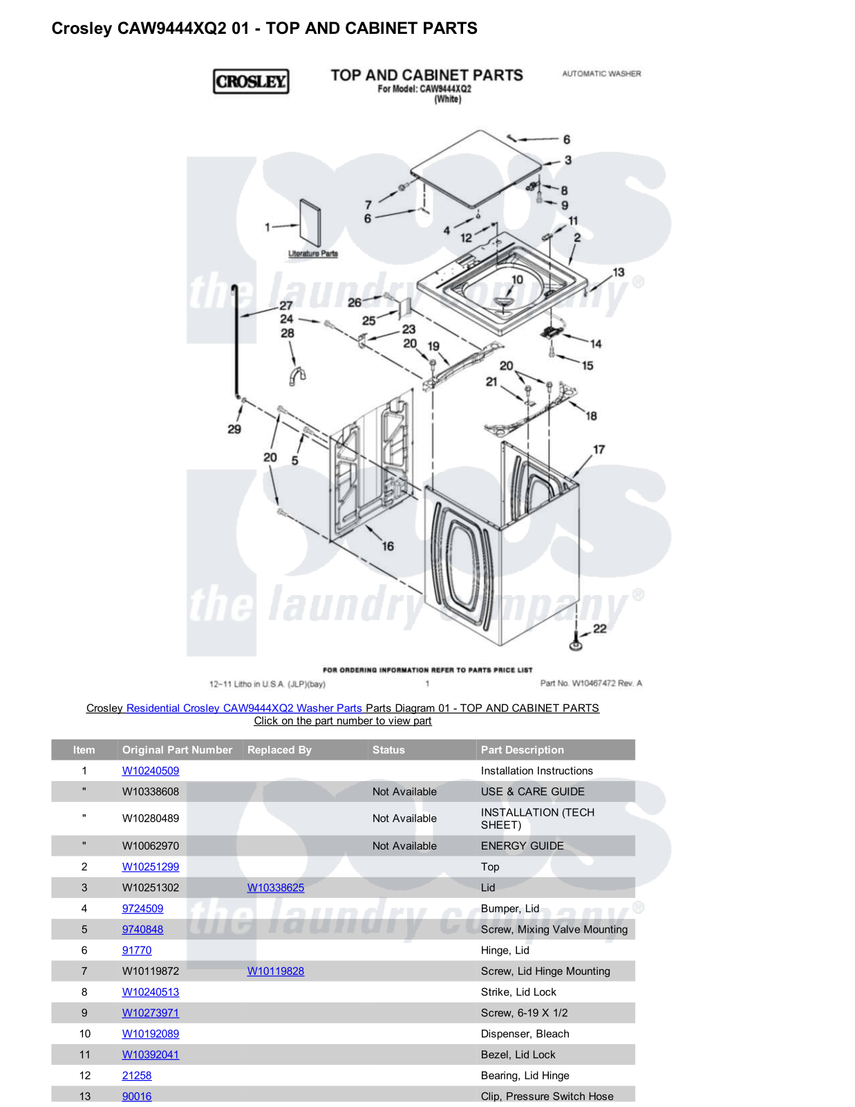 Crosley CAW9444XQ2 Parts Diagram