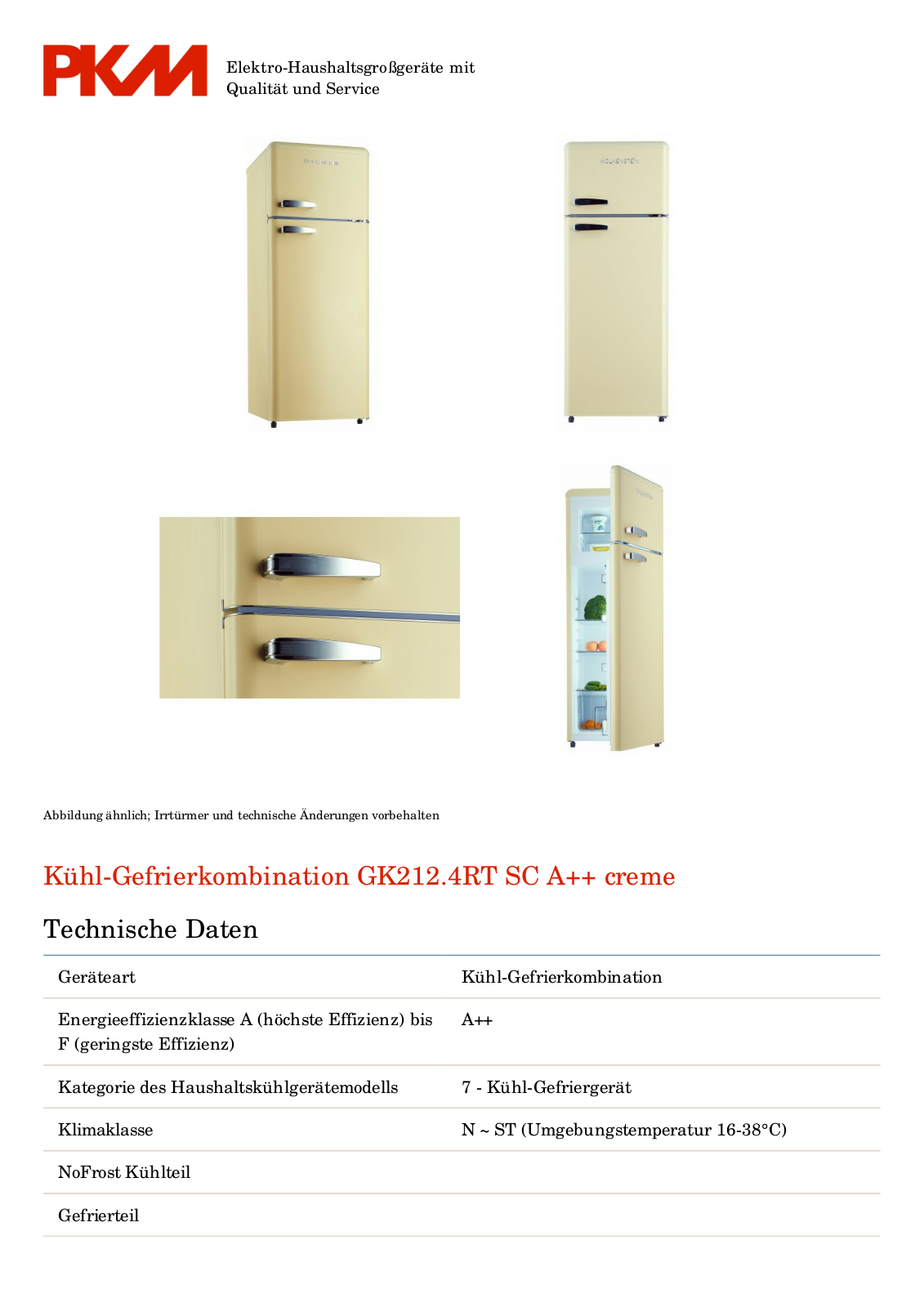 Wolkenstein GK212.4RT SC A++ creme Service Manual