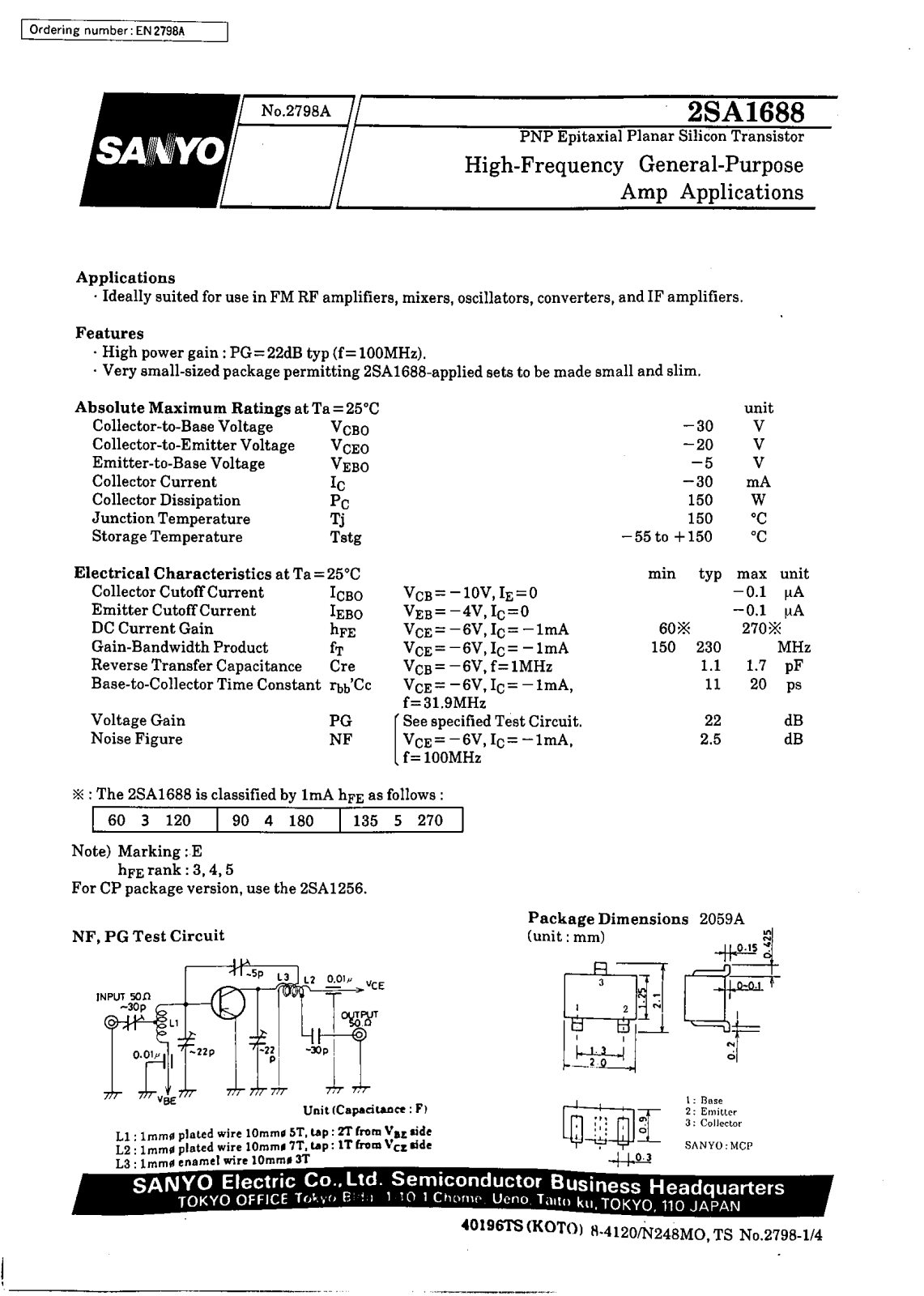 SANYO 2SA1688 Datasheet