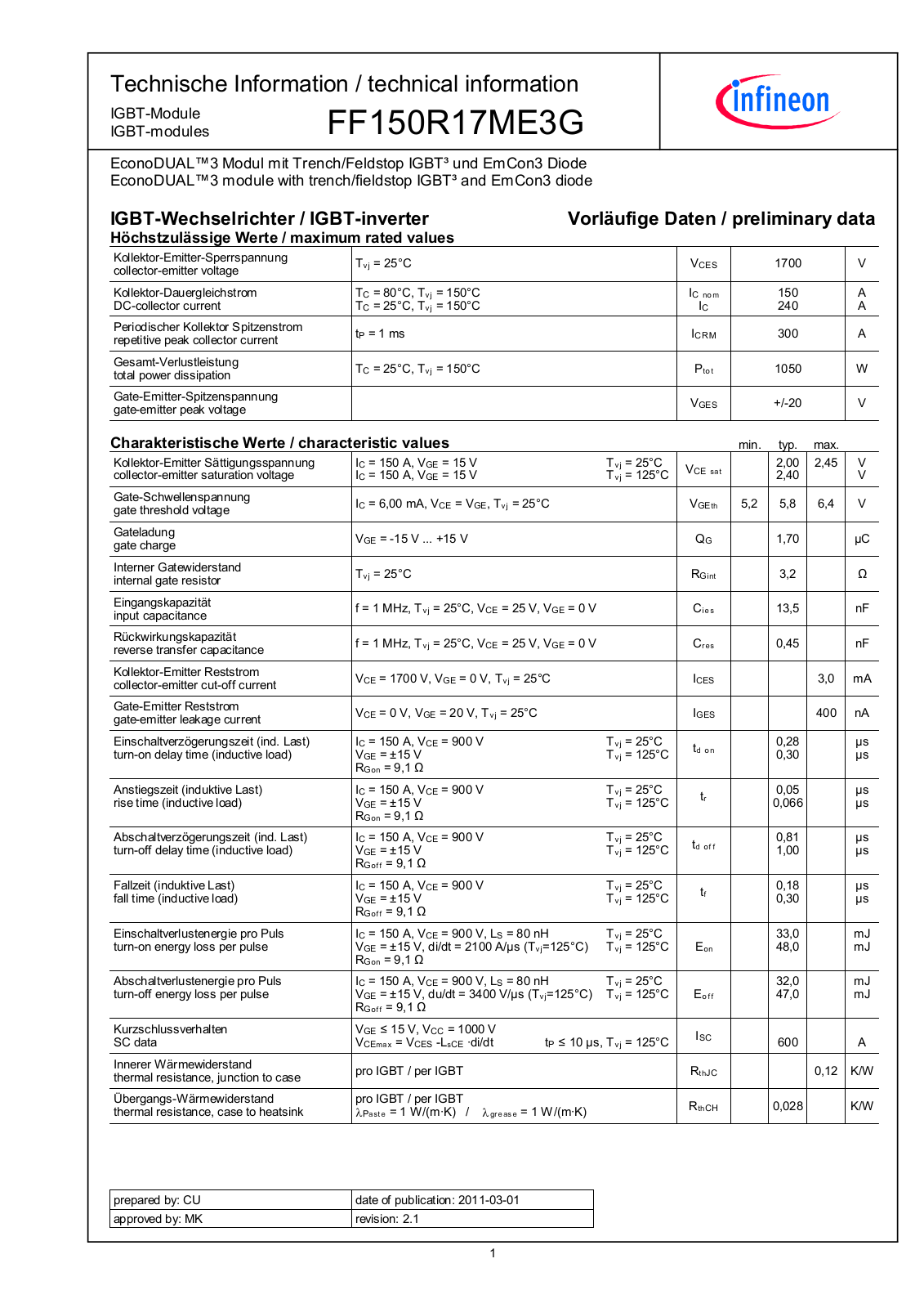 Infineon FF150R17ME3G Data Sheet