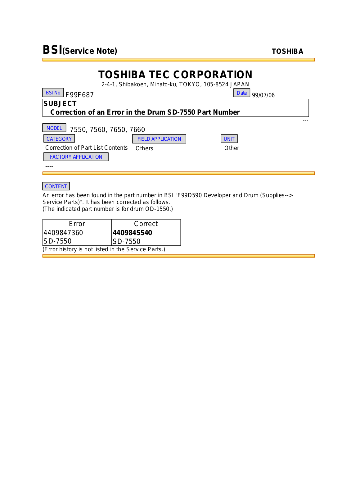 Toshiba f99f687 Service Note