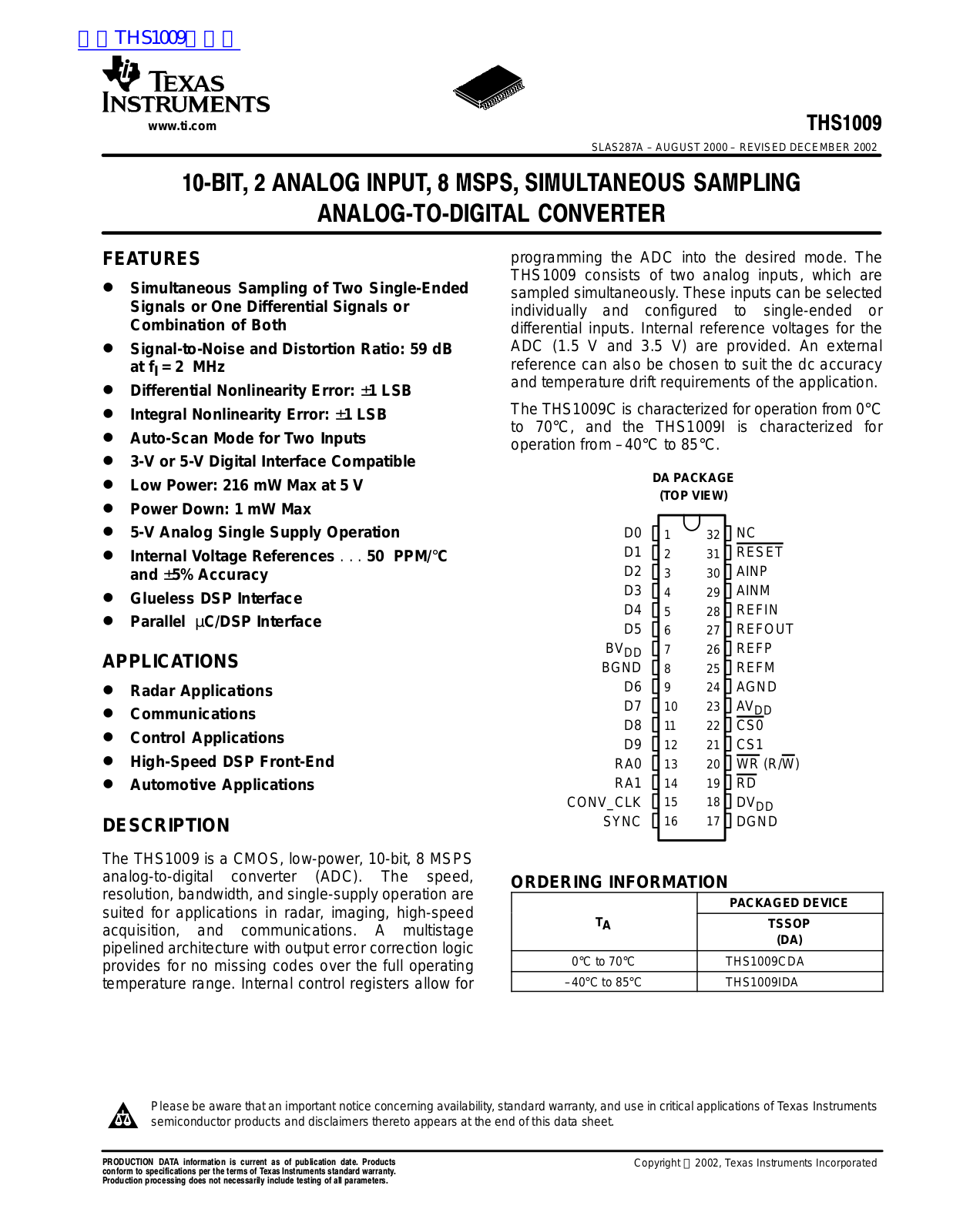 TEXAS INSTRUMENTS THS1009 Technical data