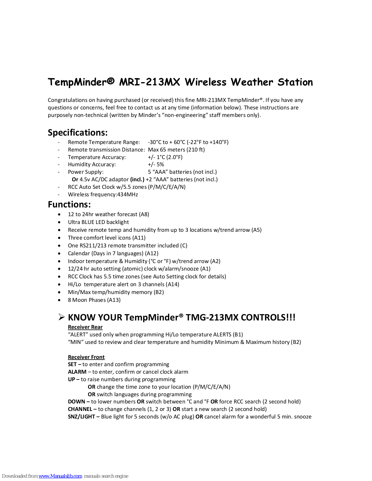 TempMinder MRI-213MX Instructions Manual