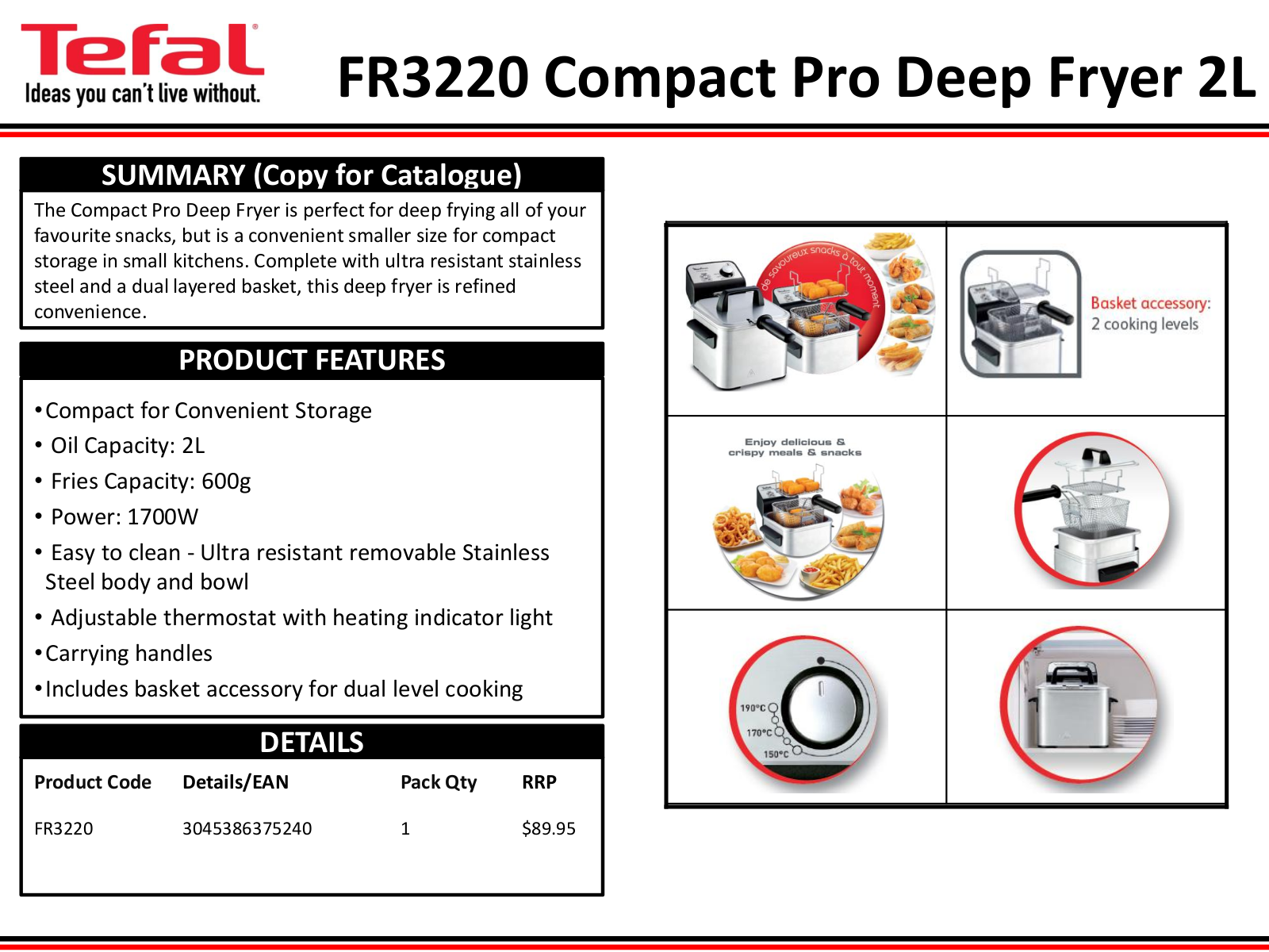 Tefal FR3220 Specifications Sheet