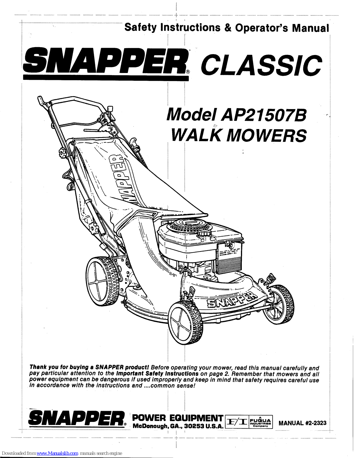 Snapper Classic AP21507B Safety Instructions And Operator's Manual