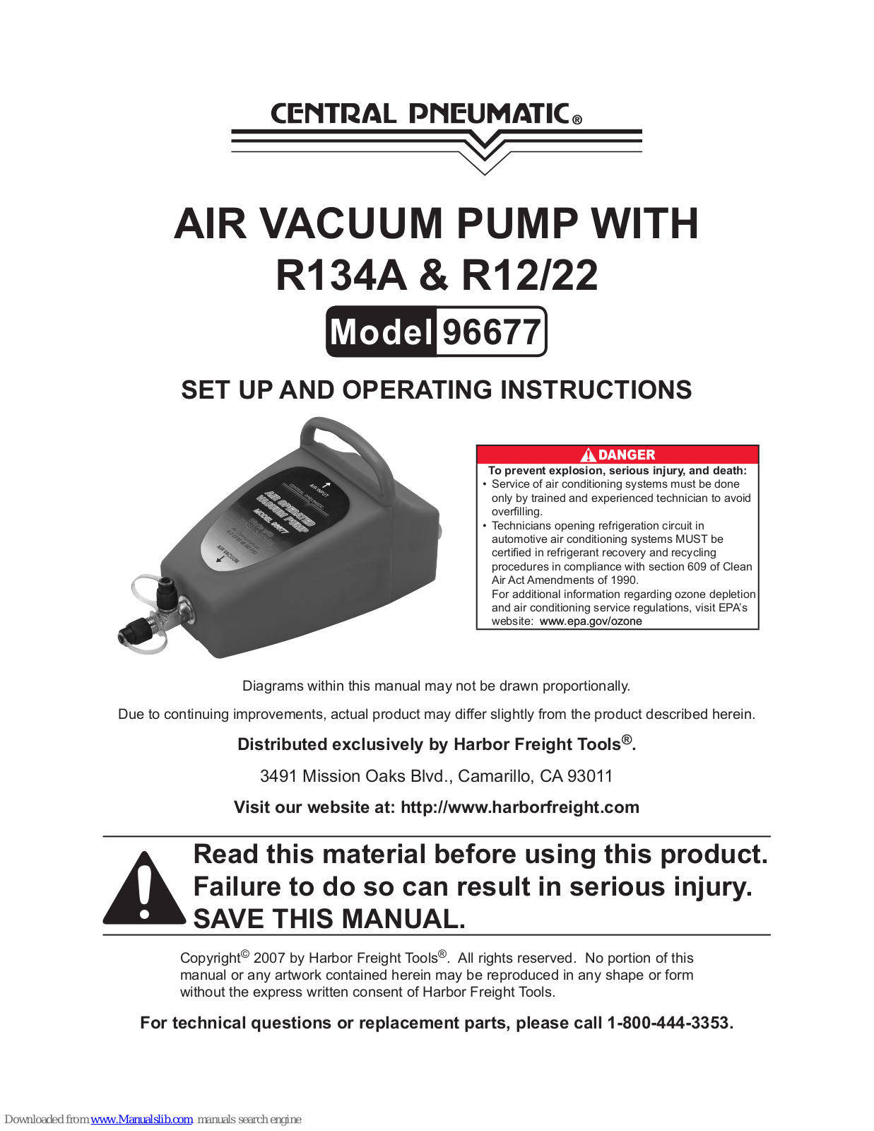 Central Pneumatic 96677 Set Up And Operating Instructions Manual