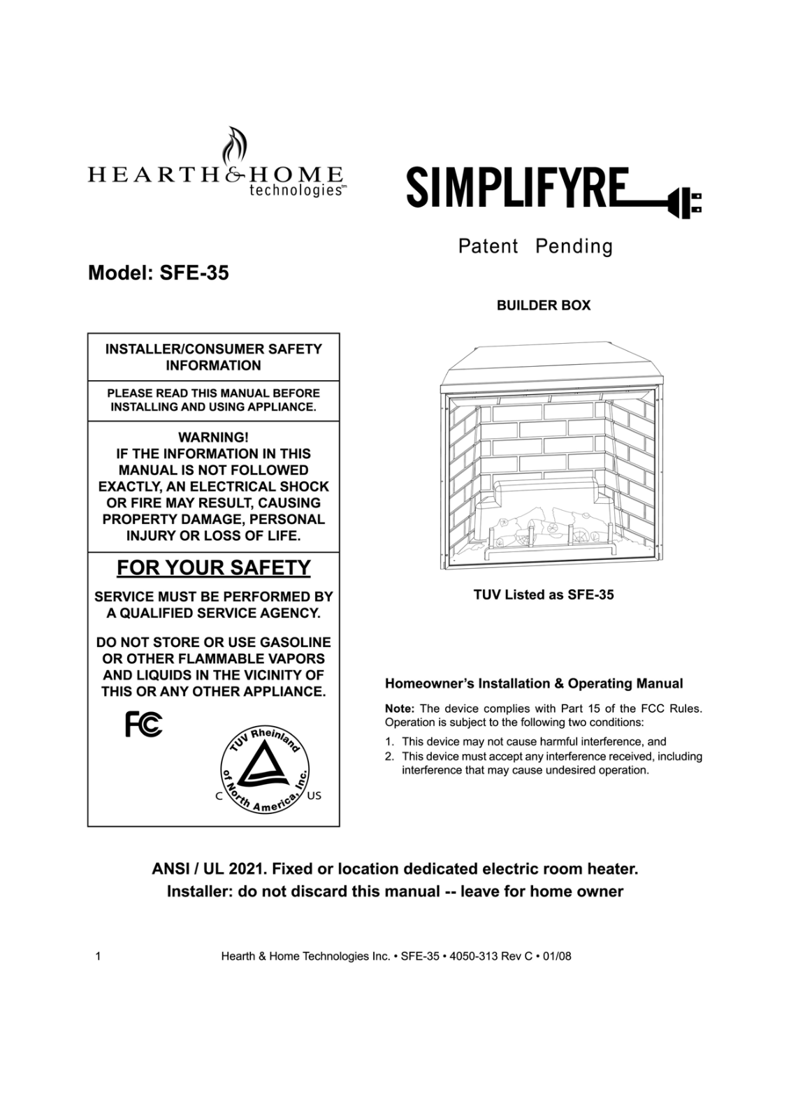 Hearth and Home Technologies SFE-35C User Manual