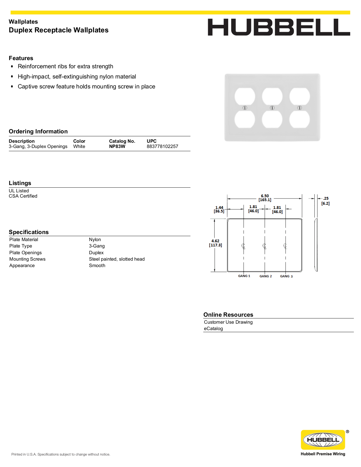 Hubbell NP83W Specifications