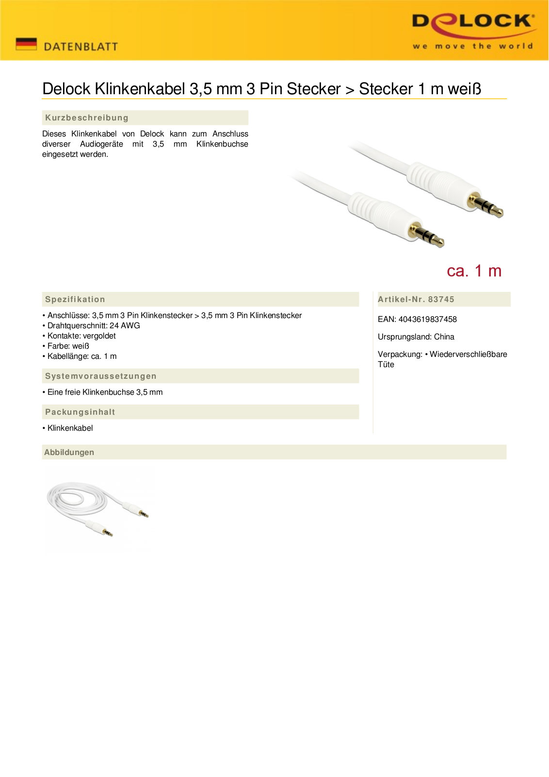 DeLOCK Klinkenkabel 3-Pin Stereo, 3.5mm Stecker auf 3.5mm Stecker, weiß, 1.0m User Manual