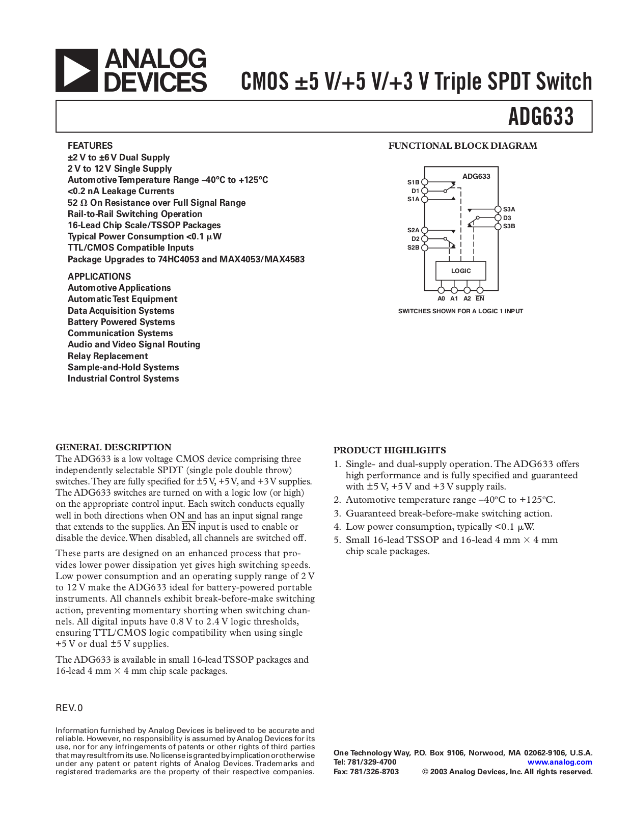 Analog Devices ADG633 Datasheet