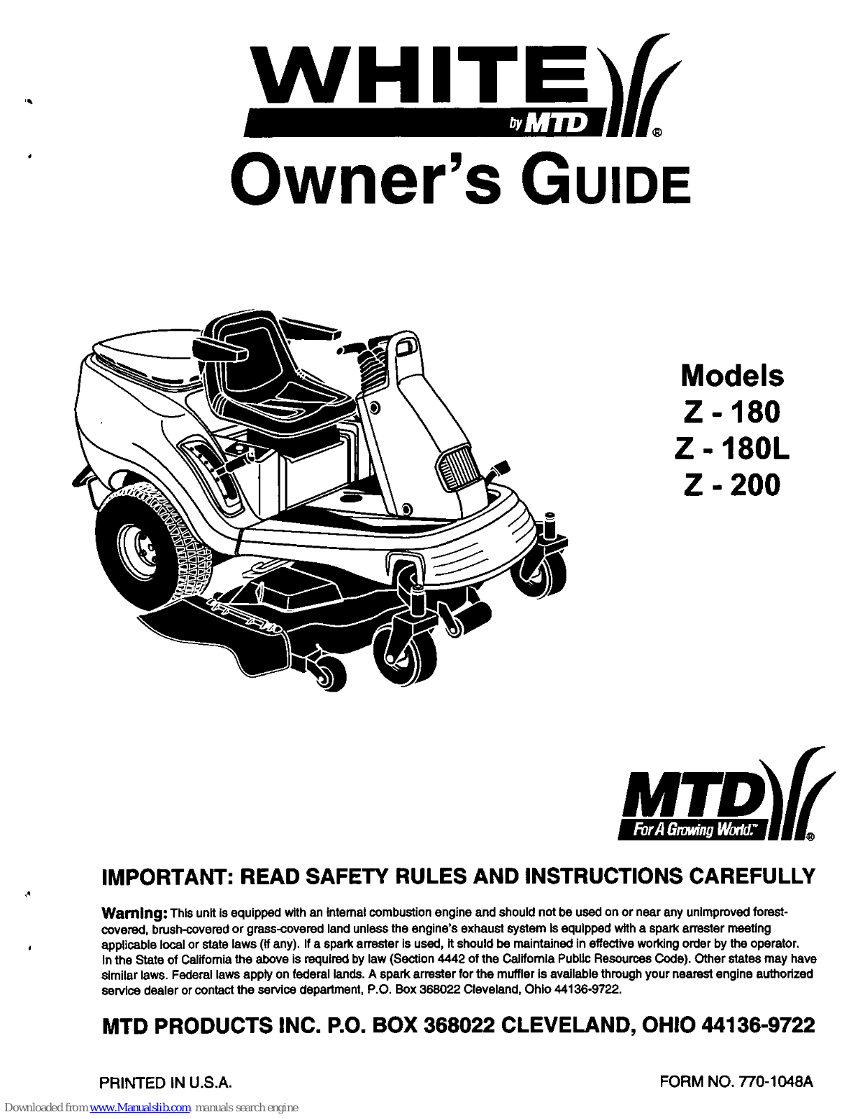 MTD White Z-200, White Z-180L, White Z-180 Owner's Manual