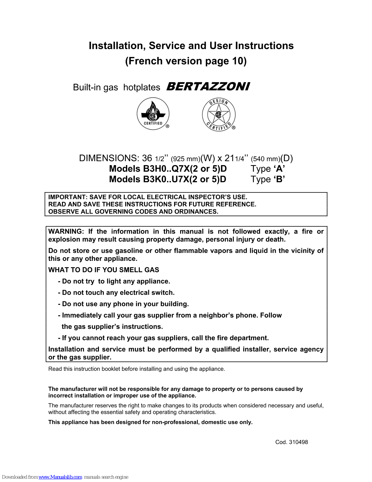 Bertazzoni B3H0..Q7X2D Type A, B3H0..Q7X5D Type A, B3K0..U7X2D Type B, B3K0..U7X5D Type B Installation, Service And User Instructions Manual