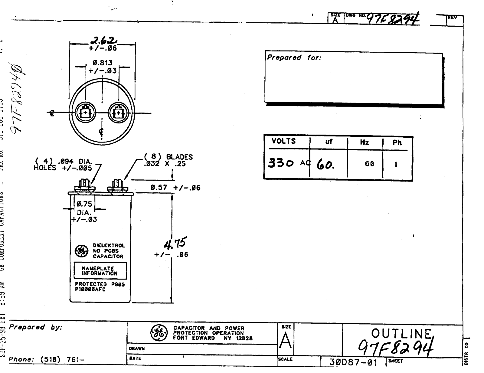 GE Capacitor 97F8294 Dimensional Sheet