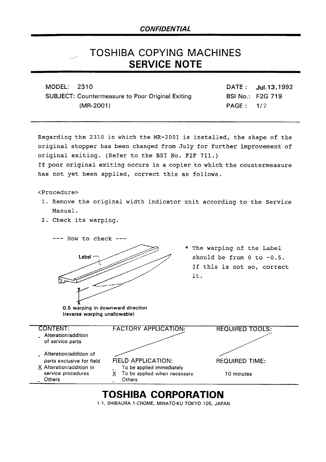 Toshiba f2g719 Service Note