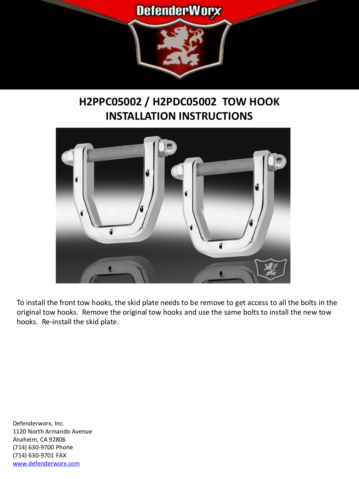 DefenderWorx TOW HOOKS User Manual